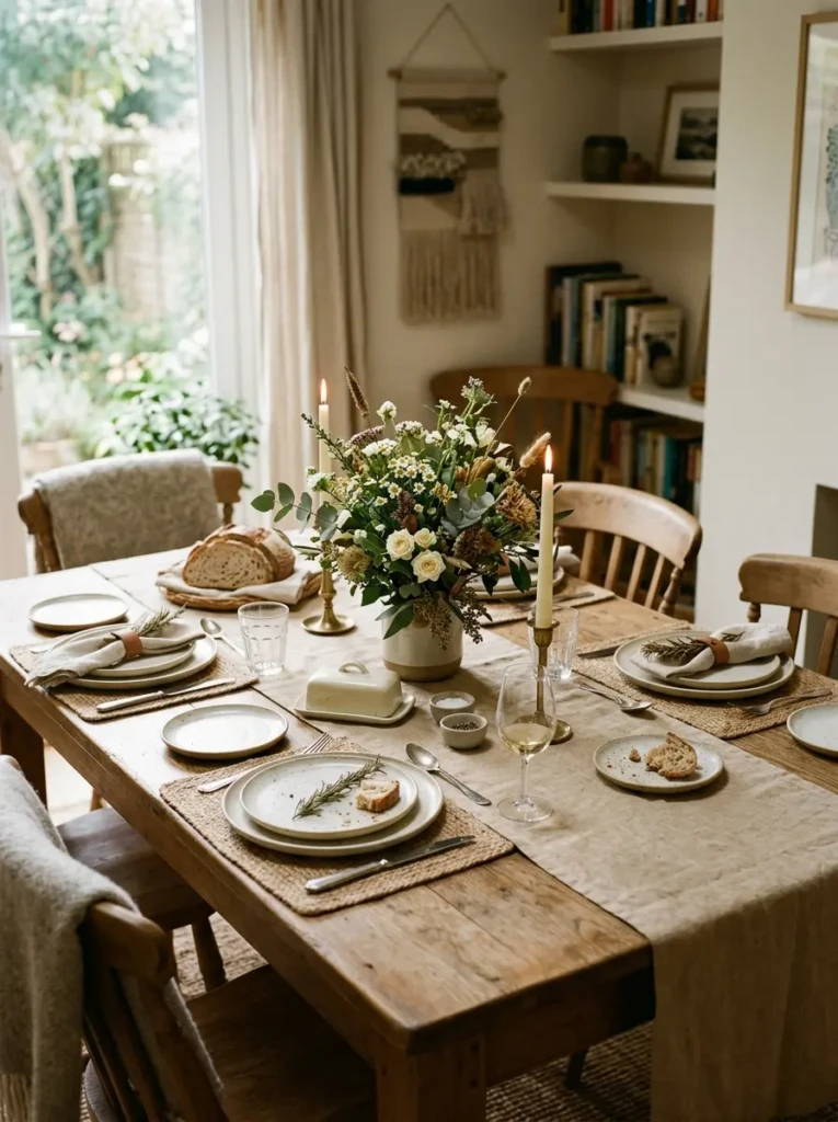 A neatly styled dining table with a runner, candles, and a small floral centerpiece in a cozy home setting with natural light