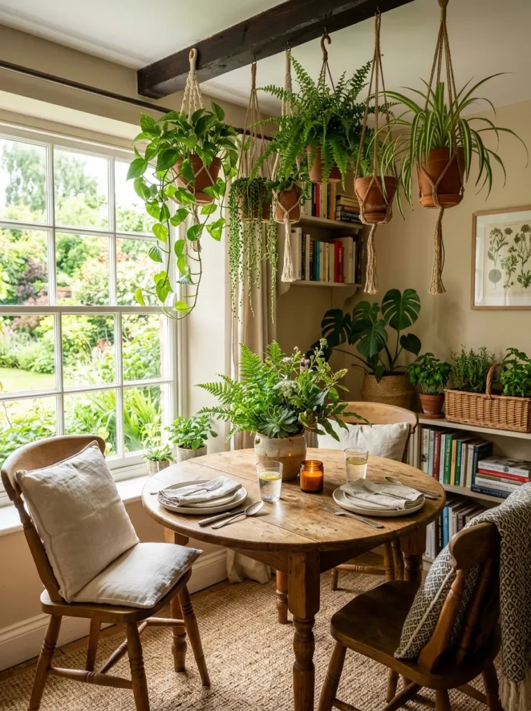 A dining table styled with greenery and plants adding freshness and life to a small dining space.