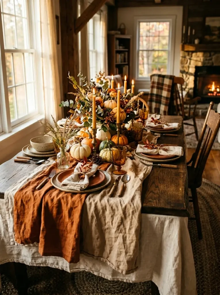A rustic autumn table with layered linen tablecloths in beige, rust, and ivory tones, softly wrinkled for a relaxed and cozy look.