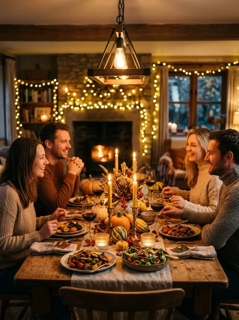 A cozy autumn dining table with candles, warm overhead lighting, and soft fairy lights creating a dreamy evening atmosphere.