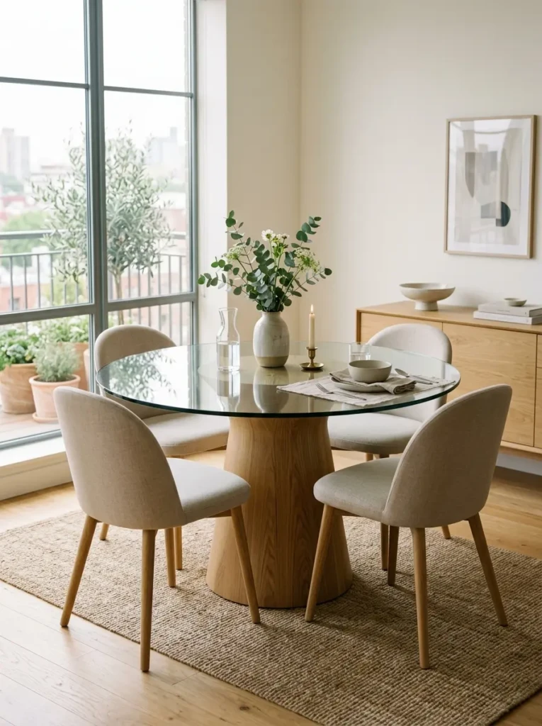 A modern round dining table with a pedestal base and minimalist chairs in a compact dining space.