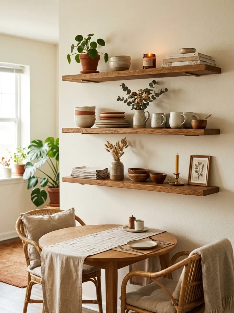 A dining wall with floating shelves displaying dishes, plants, and decor in a stylish and organized way.