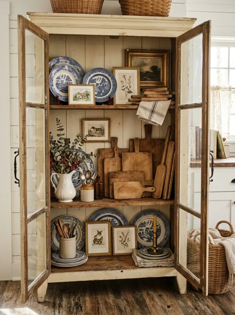 Vintage transferware plates, bread boards, and framed art styled inside a charming farmhouse cabinet.