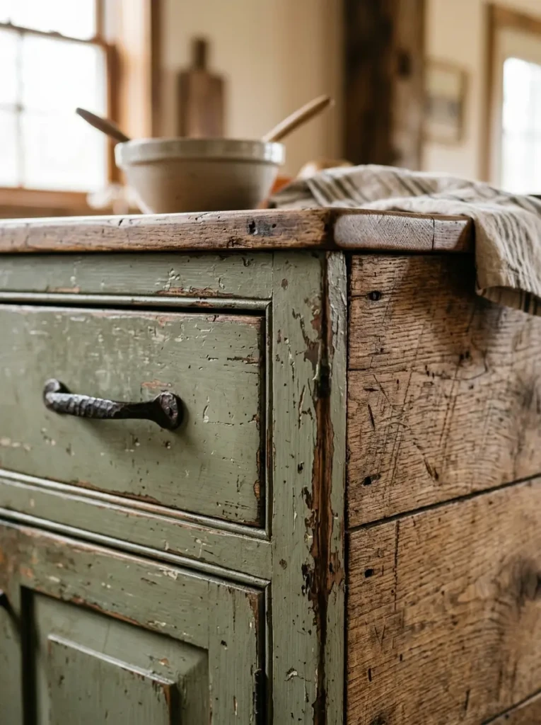 Close-up of aged cabinet corner paint texture with rustic vintage farmhouse styling.