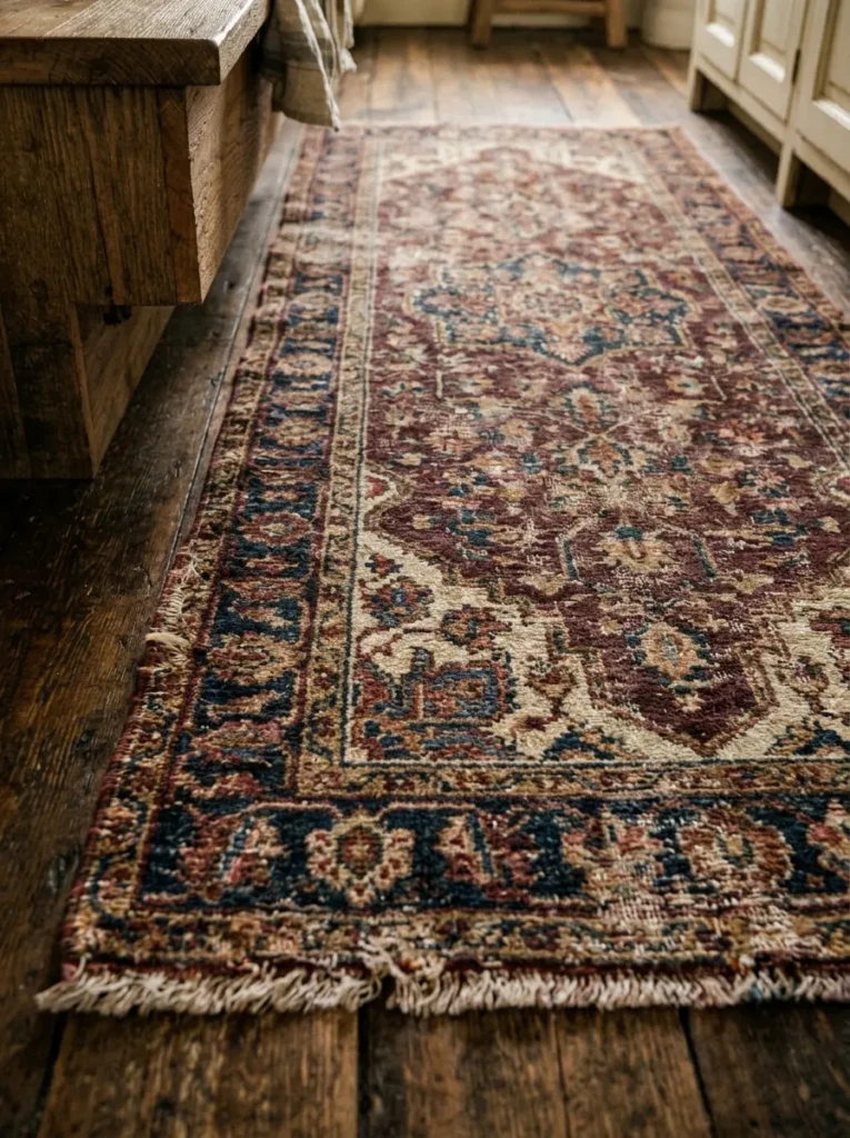 Distressed Persian-style runner rug softens the hard lines of a small farmhouse galley kitchen and enhances the inviting atmosphere.