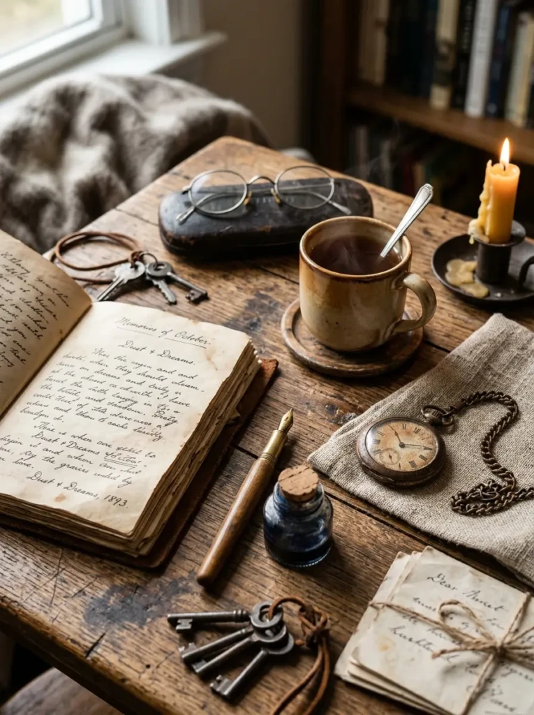 Detailed view of aged textures and vintage items styled on a cozy fall mantle