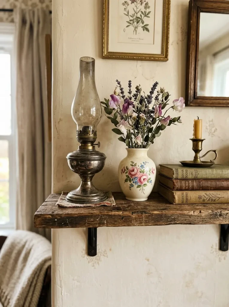 A distressed wood floating shelf featuring a floral ceramic accent and one elegant vintage statement piece.