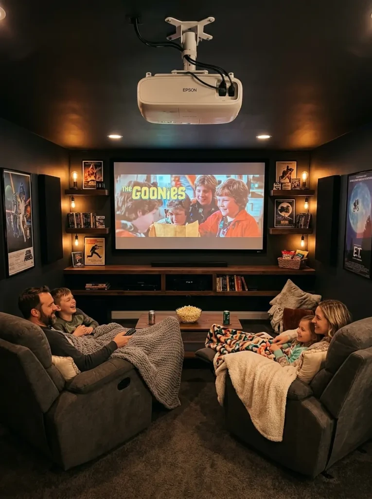 DIY home theater room with projector, custom shelves, oversized recliners, blankets, and warm dimmable lighting.