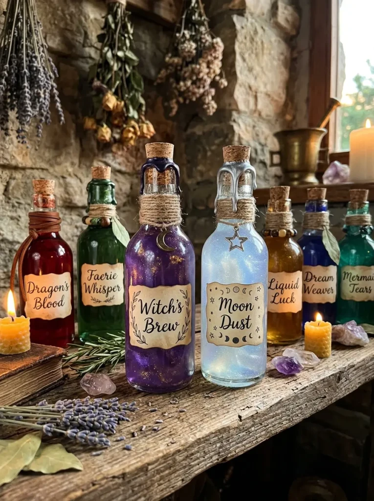 Decorative bottles filled with colored liquids labeled with spooky names, arranged on a rustic shelf with warm lighting