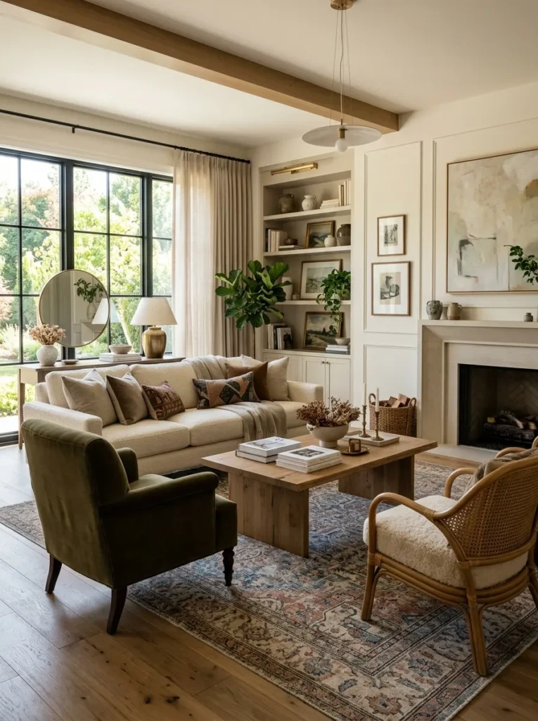 Beautifully styled living room with perfect rug placement, balanced furniture, and layered textures.
