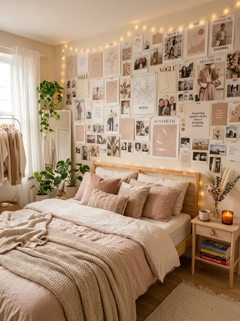 Aesthetic bedroom with soft neutral tones, collage poster wall, fairy lights, cozy blankets, and modern minimalist decor.