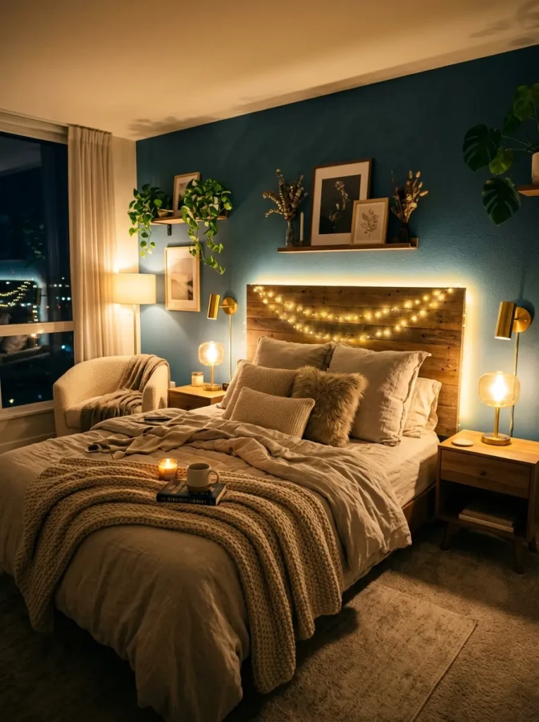 Bedroom glowing with fairy lights, bedside lamps, sconces, and warm LED lighting for cozy aesthetic mood.