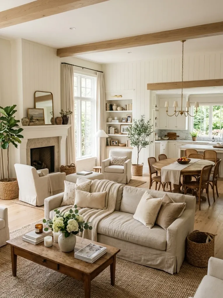 Beautiful cohesive home combining light, texture, neutral colors, and cozy layers in a timeless Nancy Meyers style