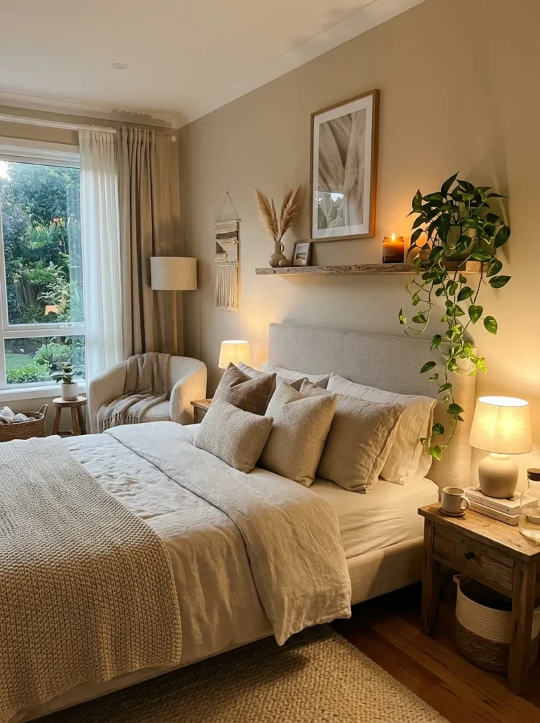 Finished dreamy bedroom with glowing candle, trailing plant, and beautifully styled floating shelf.