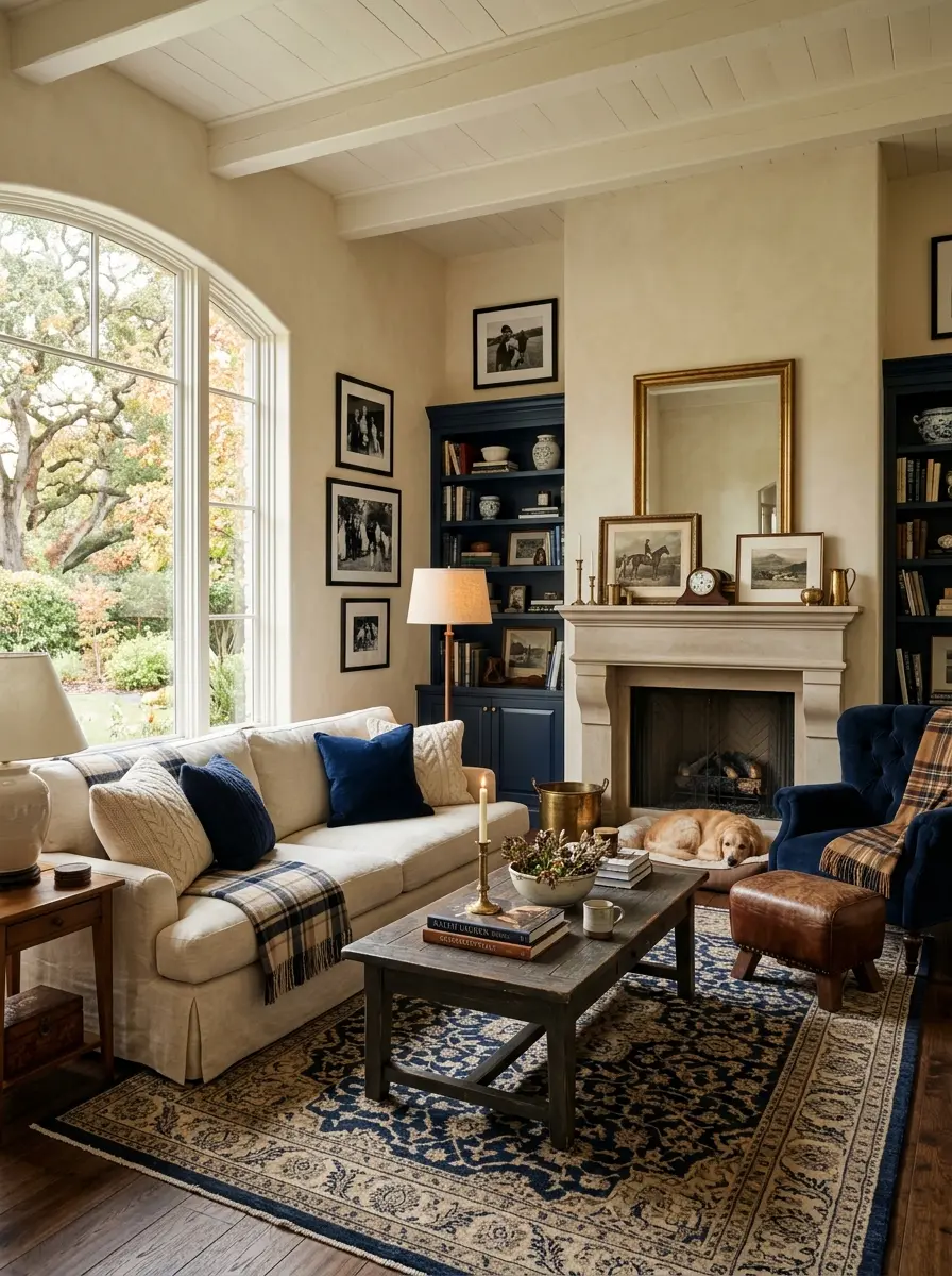 Bright and cozy interior with beige and navy tones in a classic Ralph Lauren aesthetic