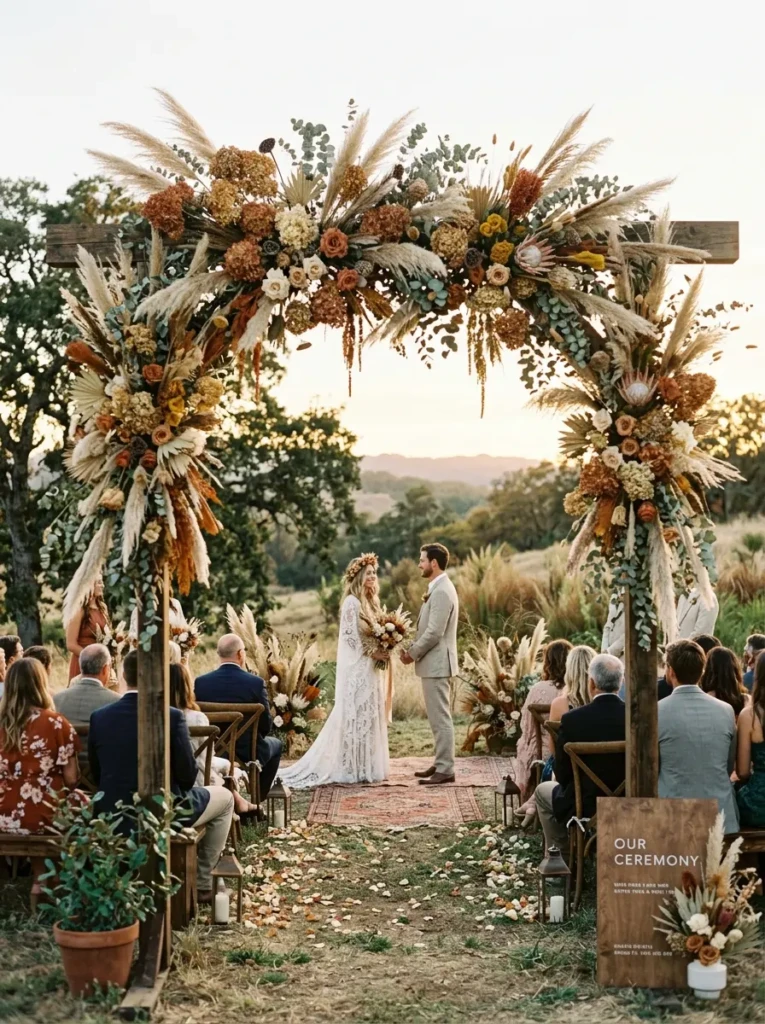 Large wedding arch decorated with dried palms and textured earthy floral elements