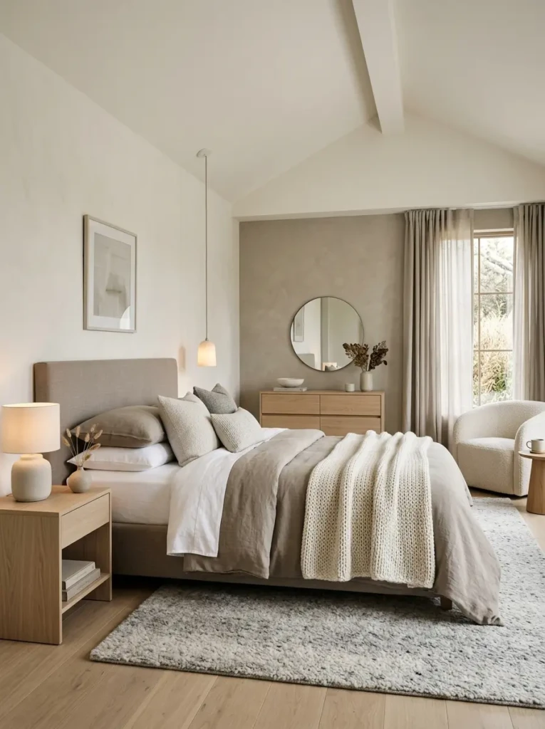 A calming bedroom with cream, taupe, and grey tones, featuring soft textures and minimal decor