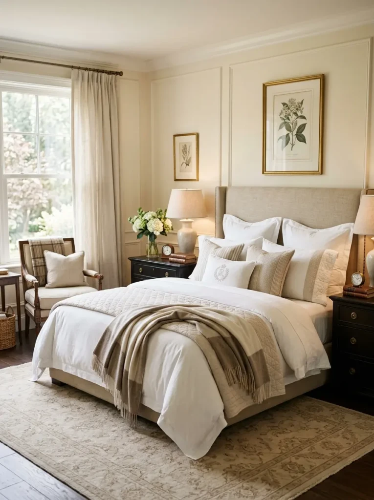 Elegant bedroom with plush pillows, neutral tones, and natural light
