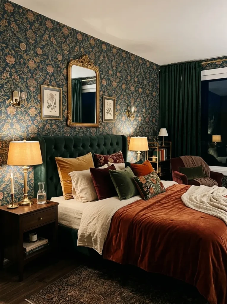 A stylish bedroom with floral wallpaper, velvet cushions, warm lamps, and subtle gold decor accents