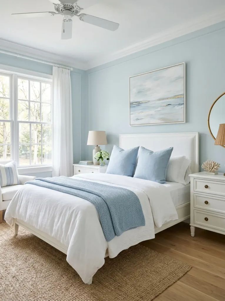 Bedroom featuring white furniture and light blue accents with layered bedding and bright natural light for a timeless look