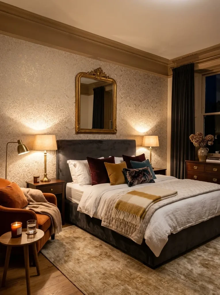 A cozy bedroom with wallpaper featuring gold metallic accents, soft lighting, and plush textures.