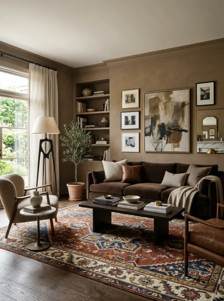 Elegant brown living room decor with statement rug, sculptural lamp, framed art, and refined styling.