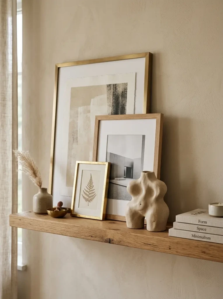 Warm beige shelf styling with layered frames and a decorative knot sculpture.