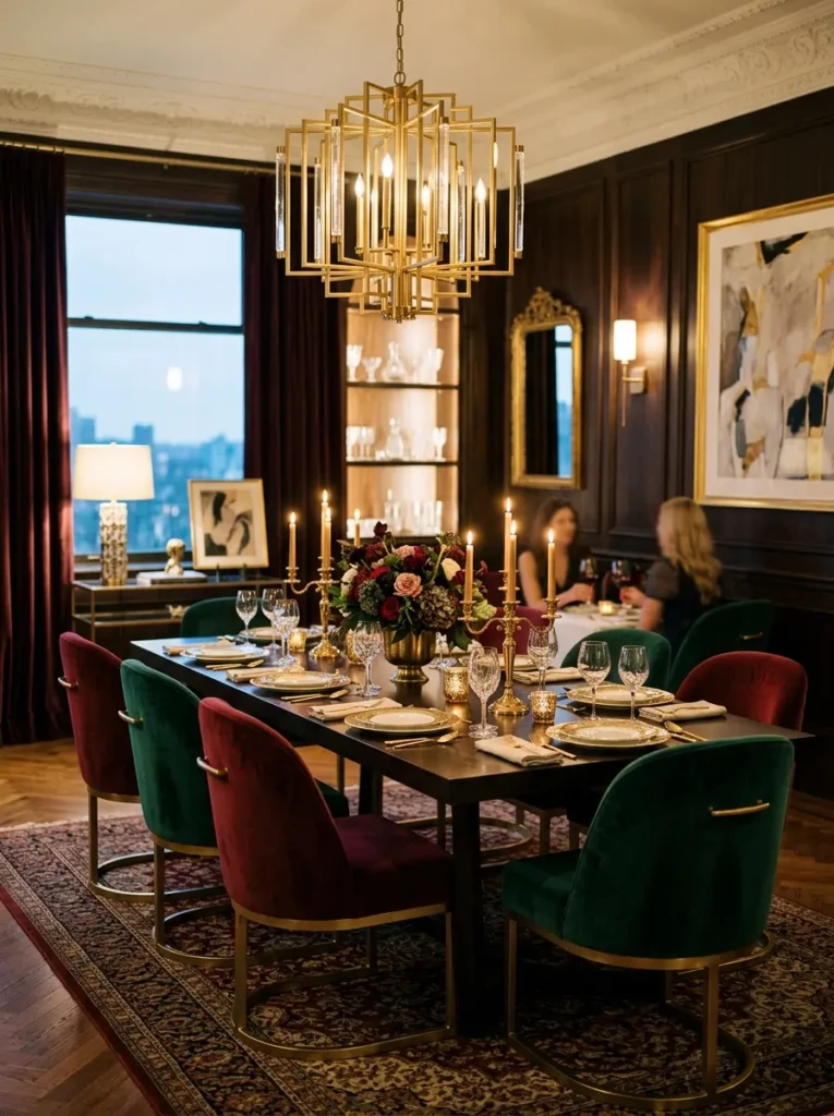A stylish dining room with velvet chairs in rich colors, gold accents, and soft lighting creating a luxurious and inviting ambiance