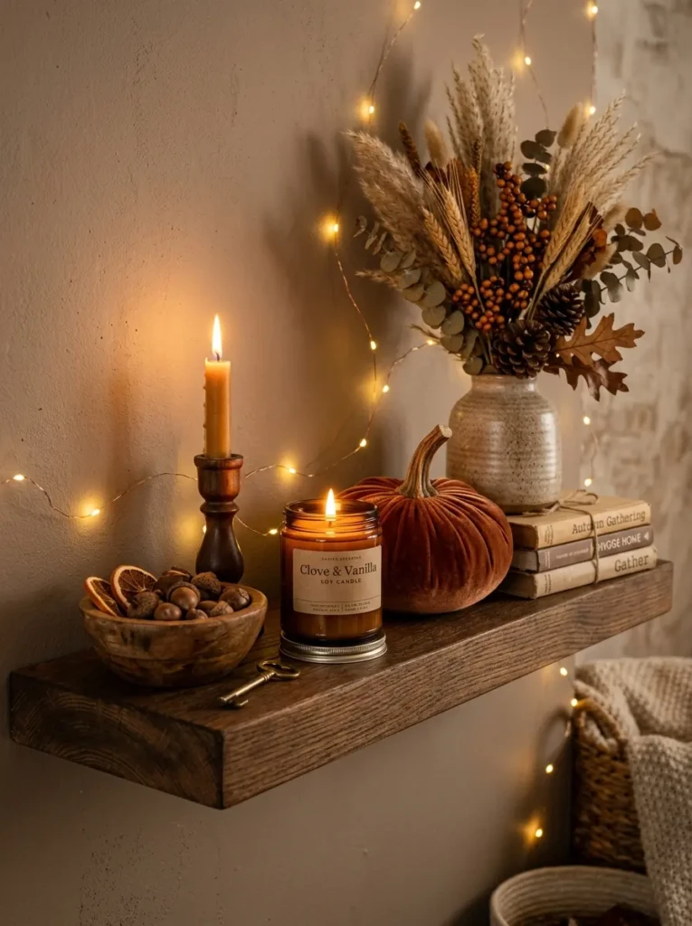 Elegant floating shelf featuring a clove vanilla candle with velvet and wood textures in warm light.
