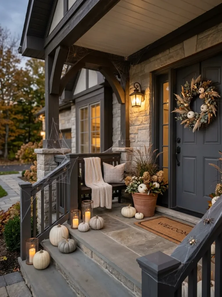Front porch with delicate spider web accents placed neatly on railings and corners for a refined Halloween look