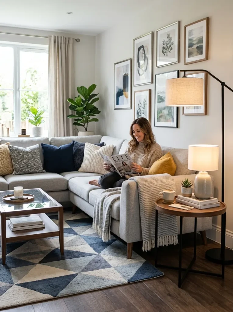 Stylish apartment living room makeover with updated rug, fresh pillows, modern lighting, and elegant wall décor.