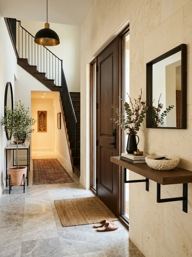 Cozy home entrance shelf with black metal accents and cream stone decor.