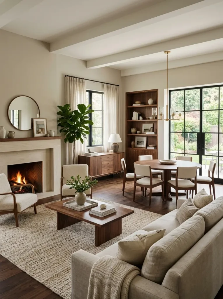 Balanced interior featuring dark wood furniture paired with light textiles
