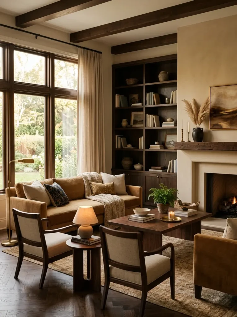 Cozy room with camel tones, beige fabrics, and dark wood furniture