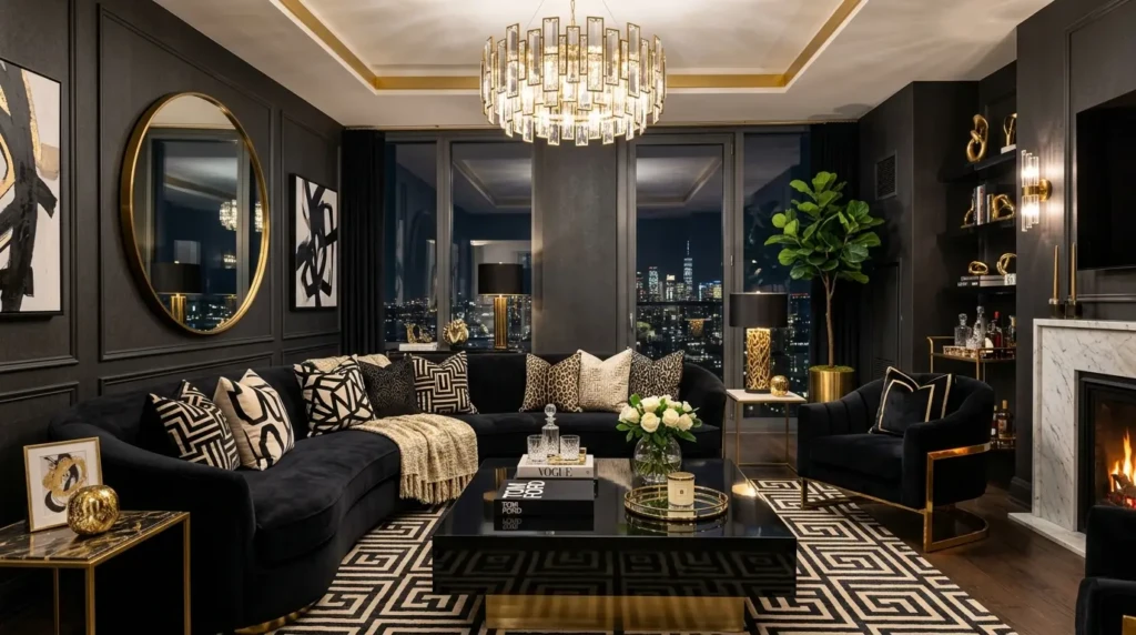 elegant glam living room inspired by baddie living room ideas with black patterned cushions, gold accents, and dramatic velvet furniture
