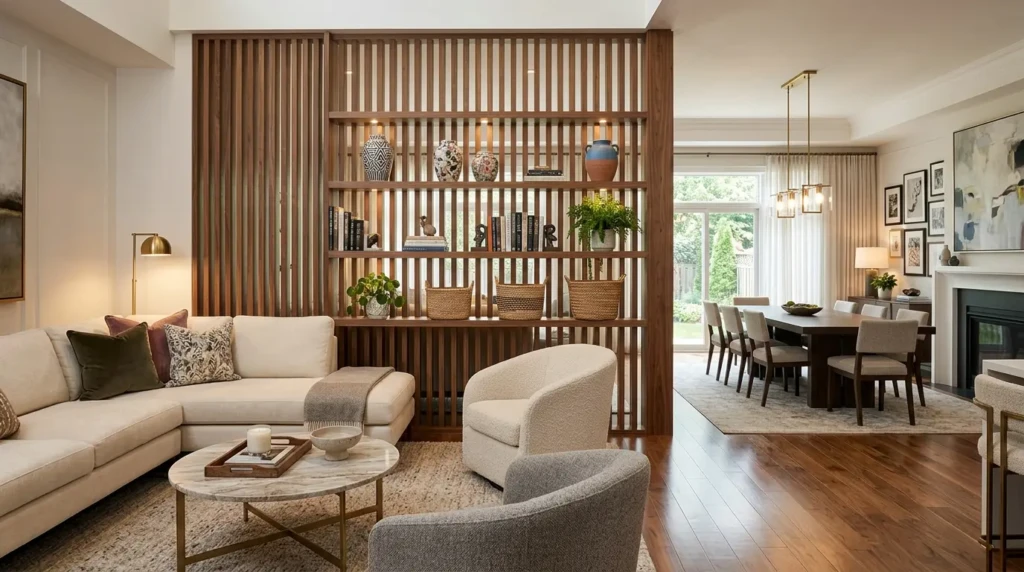 elegant open concept interior using living room separator ideas with wood slatted divider, decorative shelving, and patterned decor accents