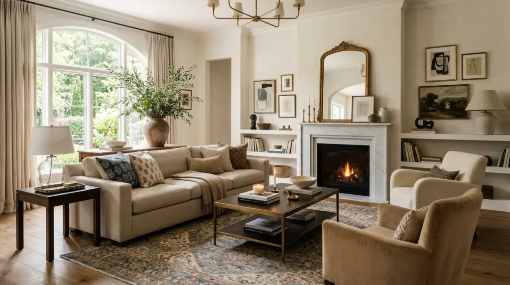 timeless elegant living room with patterned decor, layered textures, warm lighting, greenery, and sophisticated neutral furniture