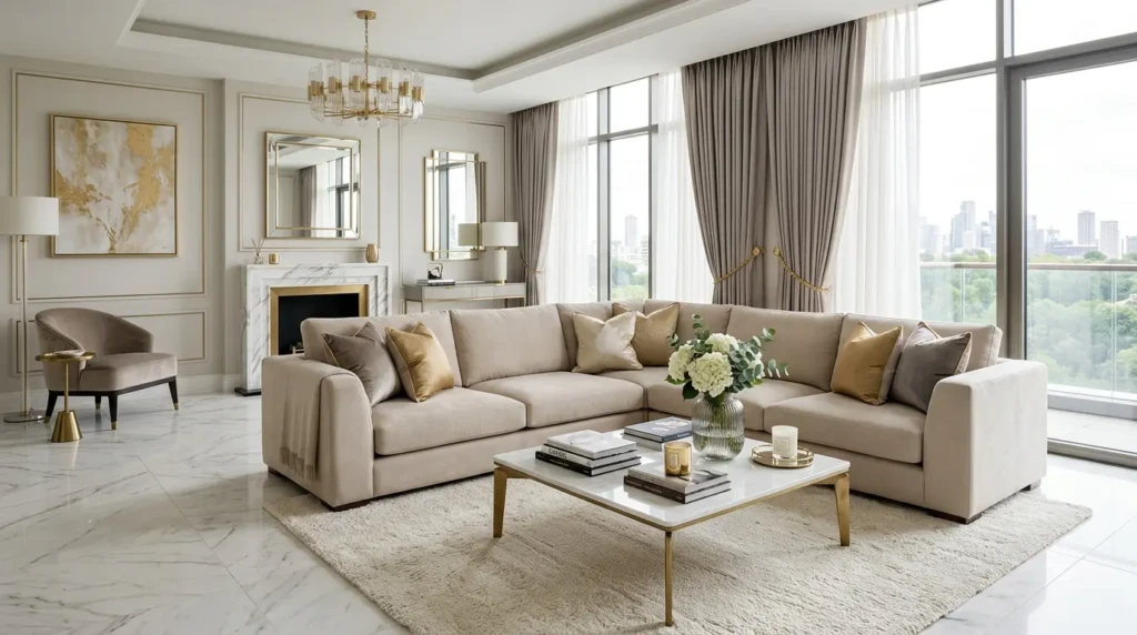 Luxurious living room featuring white marble flooring, a marble coffee table, beige sectional seating, and elegant gold accents.