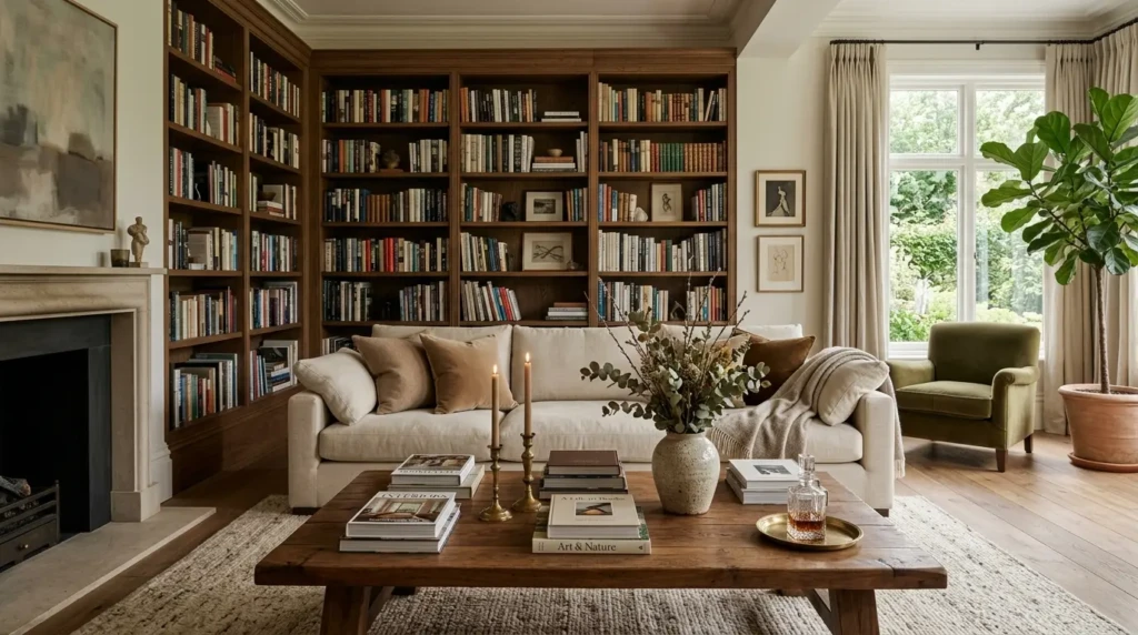 Elegant living room decor featuring floor-to-ceiling bookshelves, a cream sofa, stacked hardcover books on a wooden coffee table, and warm neutral styling.