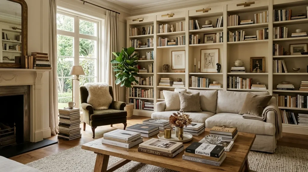 Elegant living room decor with books styled across shelves, coffee tables, and reading corners for a polished and collected look.