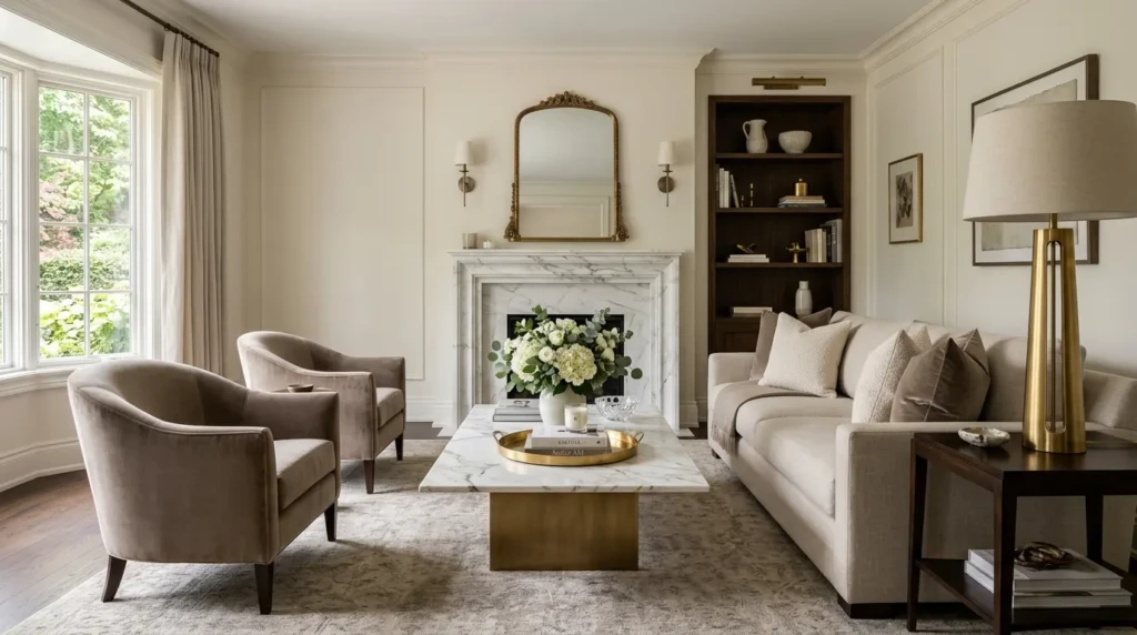 Finished elegant classy living room with curated decor, brass accents, marble textures, books, and fresh flowers.