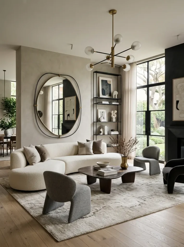 Contemporary elegant living room featuring a curved sofa, sculptural chandelier, organic mirror, black accents, and neutral decor.