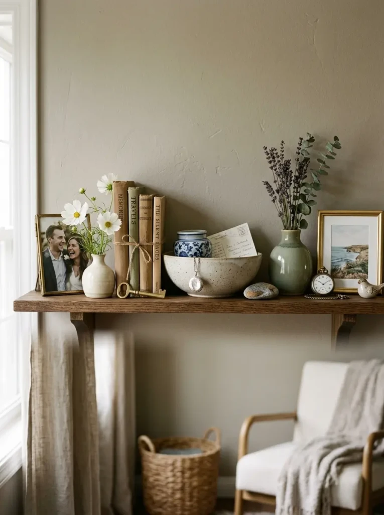 A refined floating shelf blending sentimental keepsakes with polished ceramics and a tiny vase.
