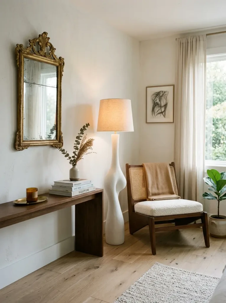 Minimal room with a vintage mirror, sculptural lamp, and unique chair styled in a refined and understated way