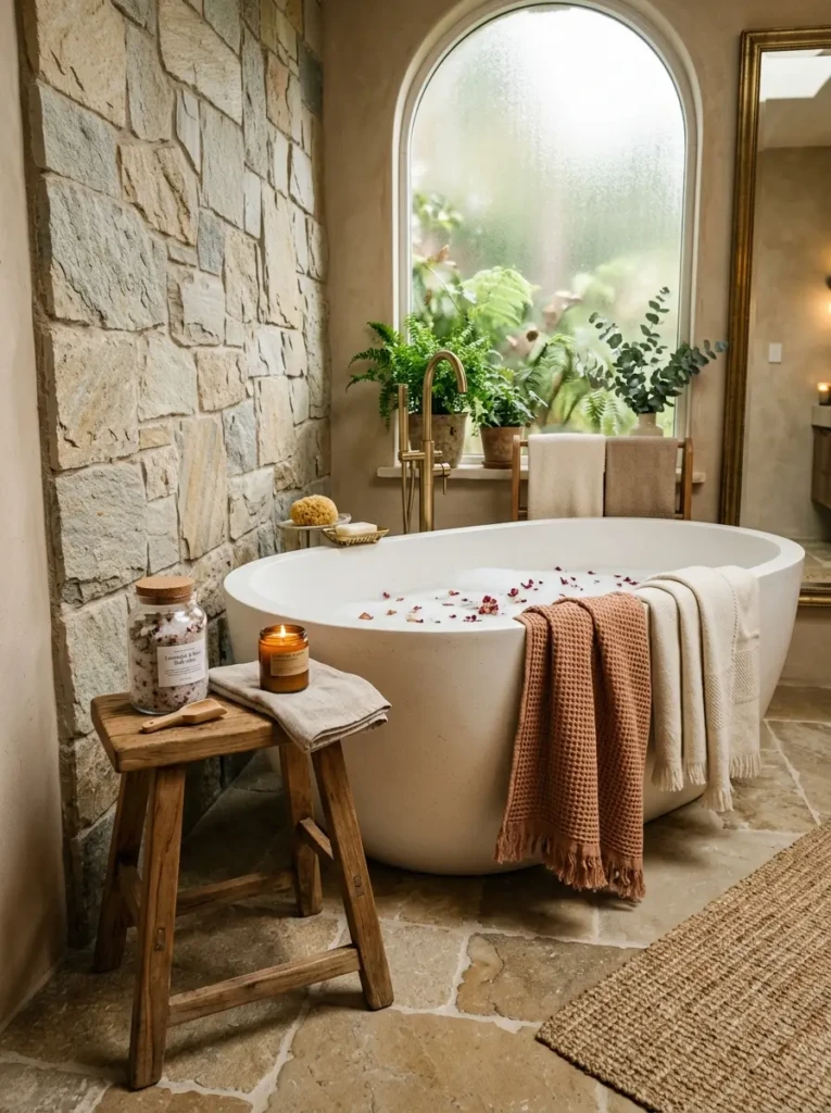 Freestanding tub corner with wooden stool, bath salts, stone flooring, and layered warm textures.