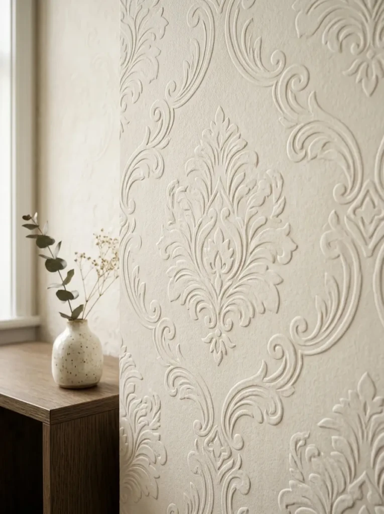 Detailed view of embossed wallpaper texture in a neutral-toned bedroom