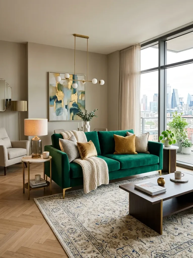 A modern living room centered around a bold emerald velvet sofa with neutral walls and elegant accent decor.