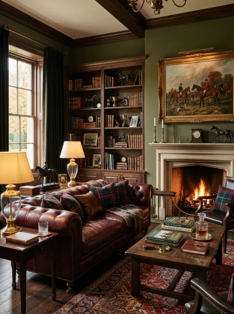 English-inspired luxury living room with tufted leather seating, plaid cushions, and dark wood accents.