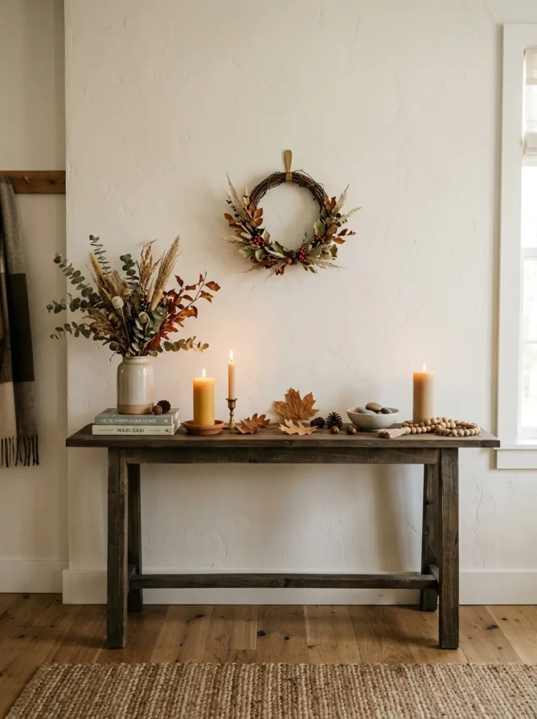 Styled console table with candles, dried leaves, and wreath in earthy tones for Thanksgiving decorating