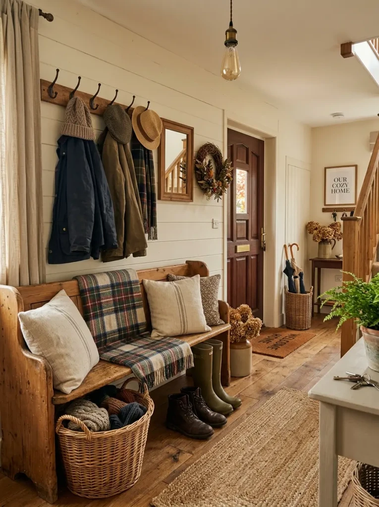 Wooden bench styled with plaid blanket, cushion, woven basket, and boots in a warm and inviting fall entryway